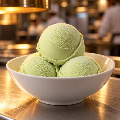 Cuenco blanco con tres bolas de helado de pistacho en el pase de una cocina profesional
