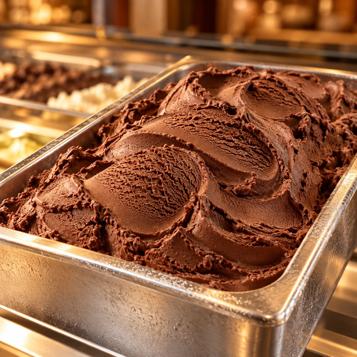Helado de chocolate en cubeta de acero inoxidable en una vitrina con luz cálida