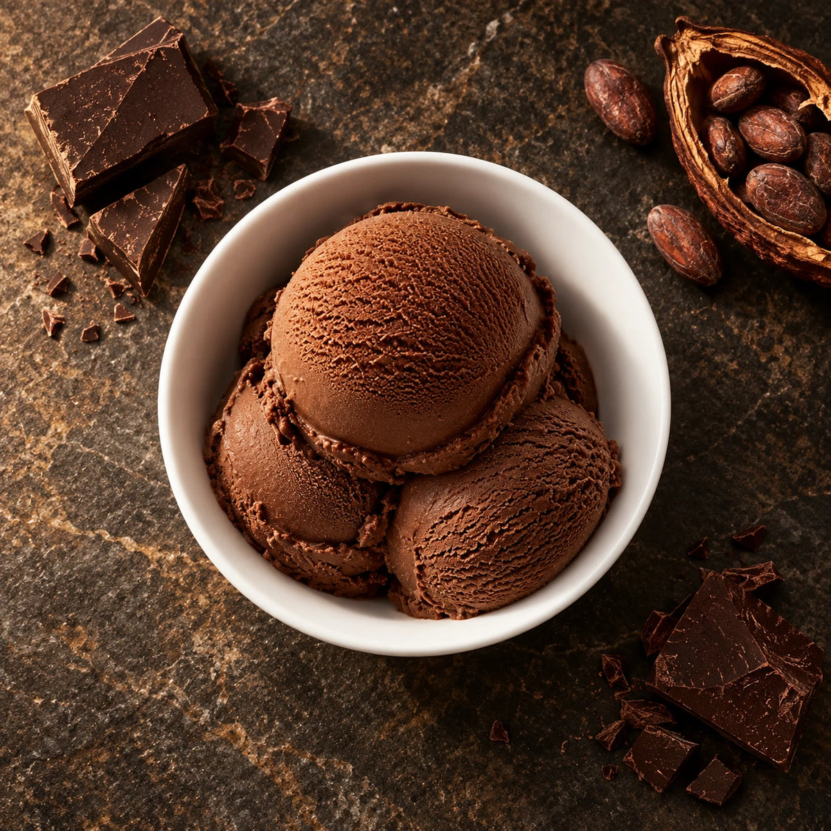Tres bolas de helado de chocolate vistas desde arriba en cuenco blanco sobre piedra oscura, con chocolate negro y granos de cacao