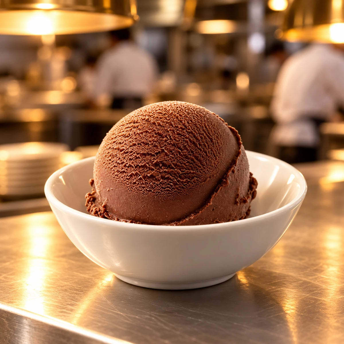 Cuenco blanco con una bola de helado de chocolate en el pase de una cocina profesional