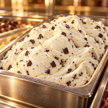 Helado de stracciatella en cubeta de acero inoxidable en una vitrina con luz cálida