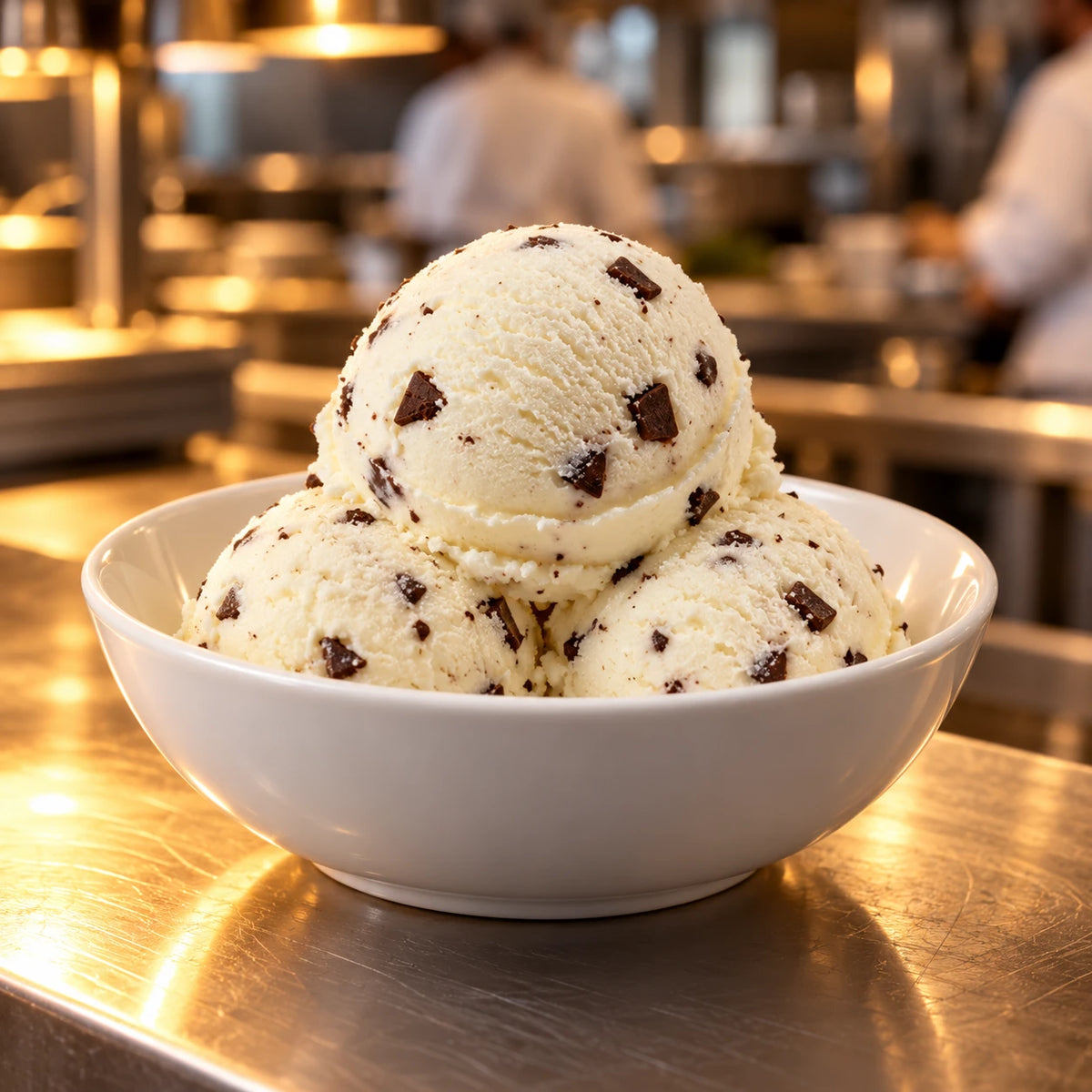Cuenco blanco con tres bolas de helado de stracciatella en el pase de una cocina profesional