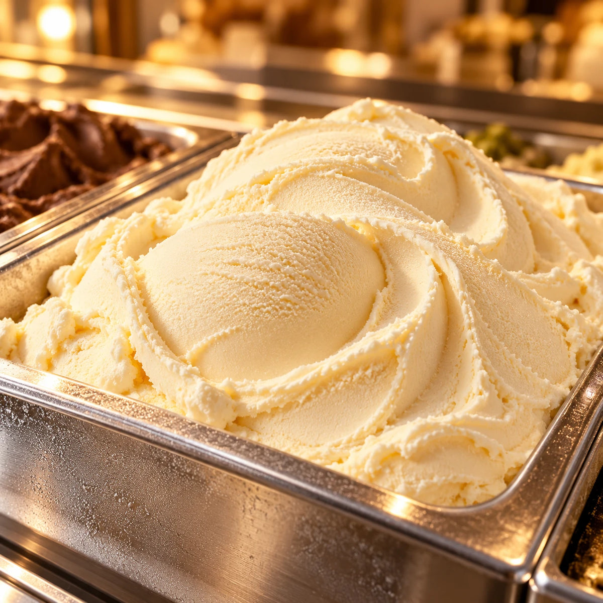 Helado de vainilla en cubeta de acero inoxidable en una vitrina con luz cálida