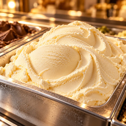 Helado de vainilla en cubeta de acero inoxidable en una vitrina con luz cálida