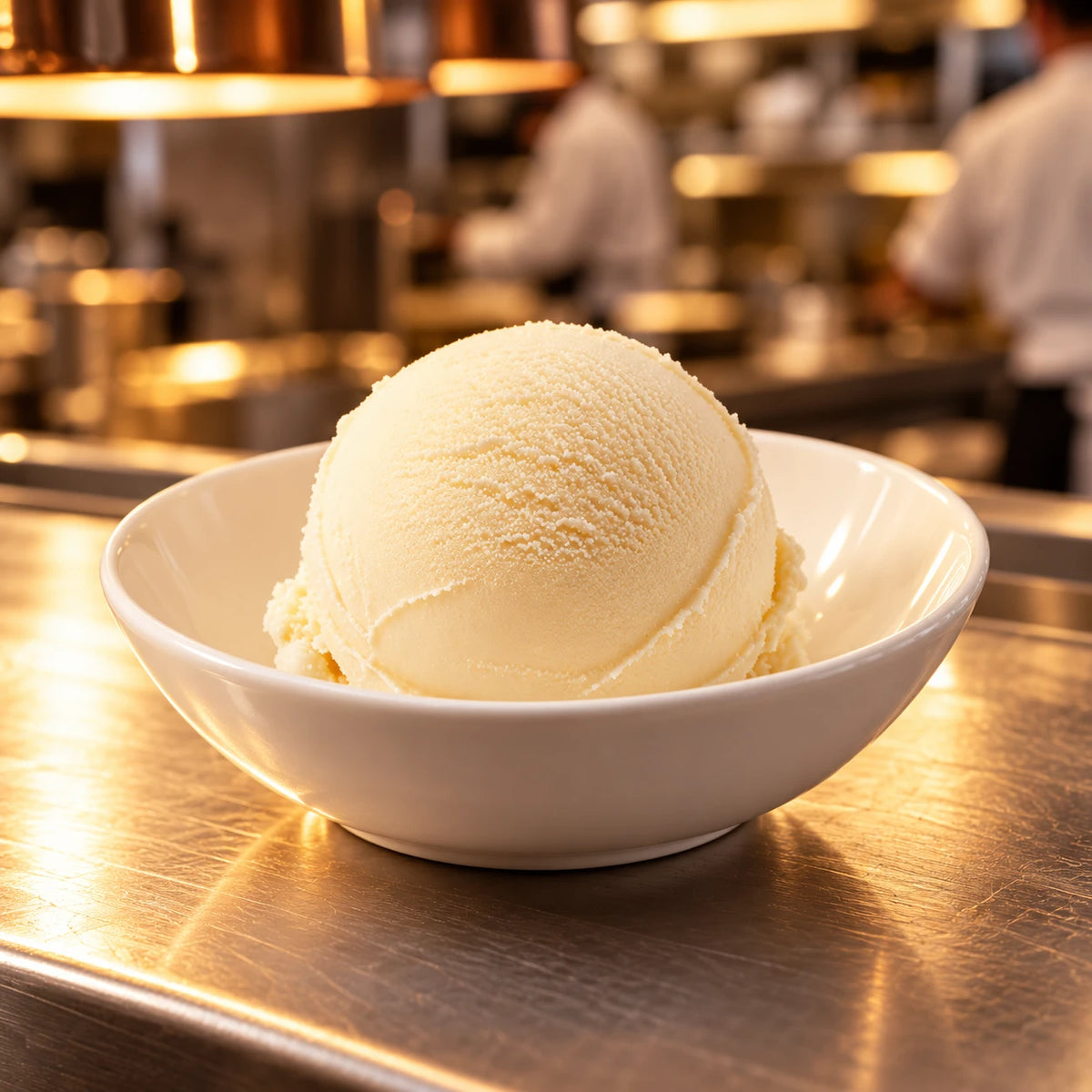 Cuenco blanco con una bola de helado de vainilla en el pase de una cocina profesional