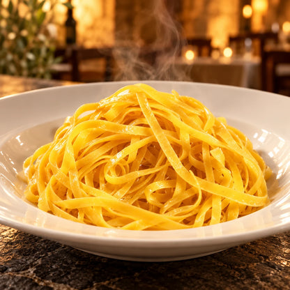 Fettuccine all'uovo su piatto bianco in un ristorante dalla luce calda