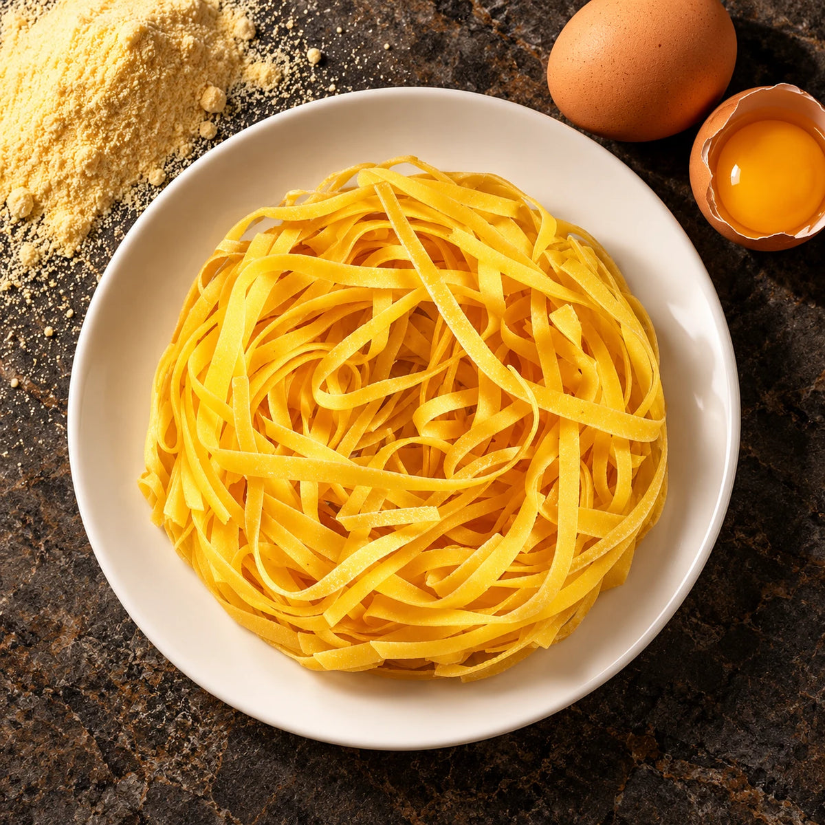 Fettuccine all'uovo su piatto bianco visto dall'alto su pietra scura, accanto gli ingredienti
