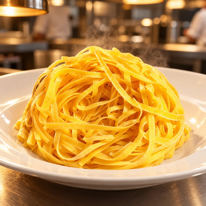 Fettuccine all'uovo su piatto bianco al pass di una cucina professionale