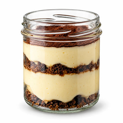 Postre tiramisú 80 g en vasito con capas de crema de mascarpone y migas de galleta, espolvoreado con cacao, sobre fondo blanco