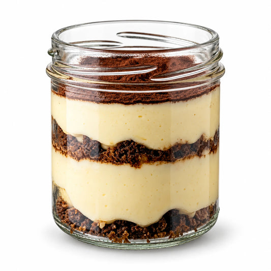 Postre tiramisú 80 g en vasito con capas de crema de mascarpone y migas de galleta, espolvoreado con cacao, sobre fondo blanco