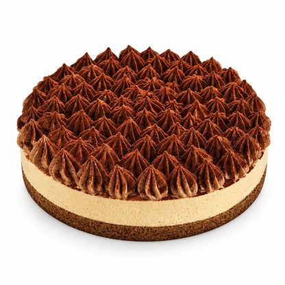 Tarta helada de tiramisú 850 g con rosetas de cacao, helado de tiramisú y base de bizcocho, sobre fondo blanco
