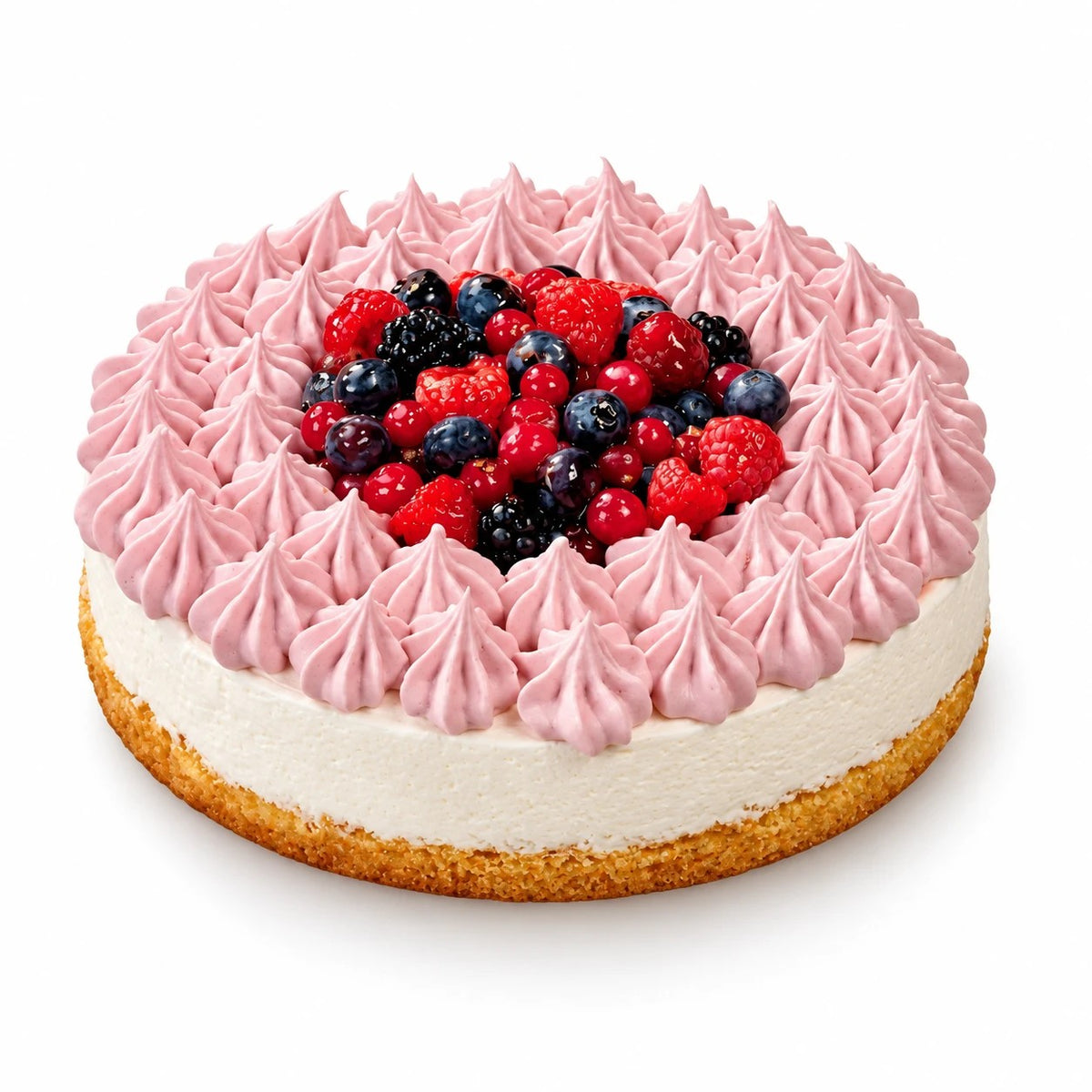 Tarta helada de frutos del bosque 850 g con rosetas rosas de semifreddo, frutos del bosque, helado de yogur y base de bizcocho, sobre fondo blanco
