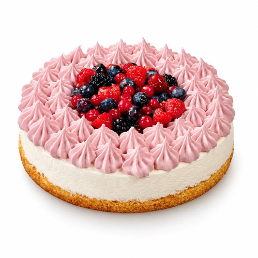 Tarta helada de frutos del bosque 850 g con rosetas rosas de semifreddo, frutos del bosque, helado de yogur y base de bizcocho, sobre fondo blanco