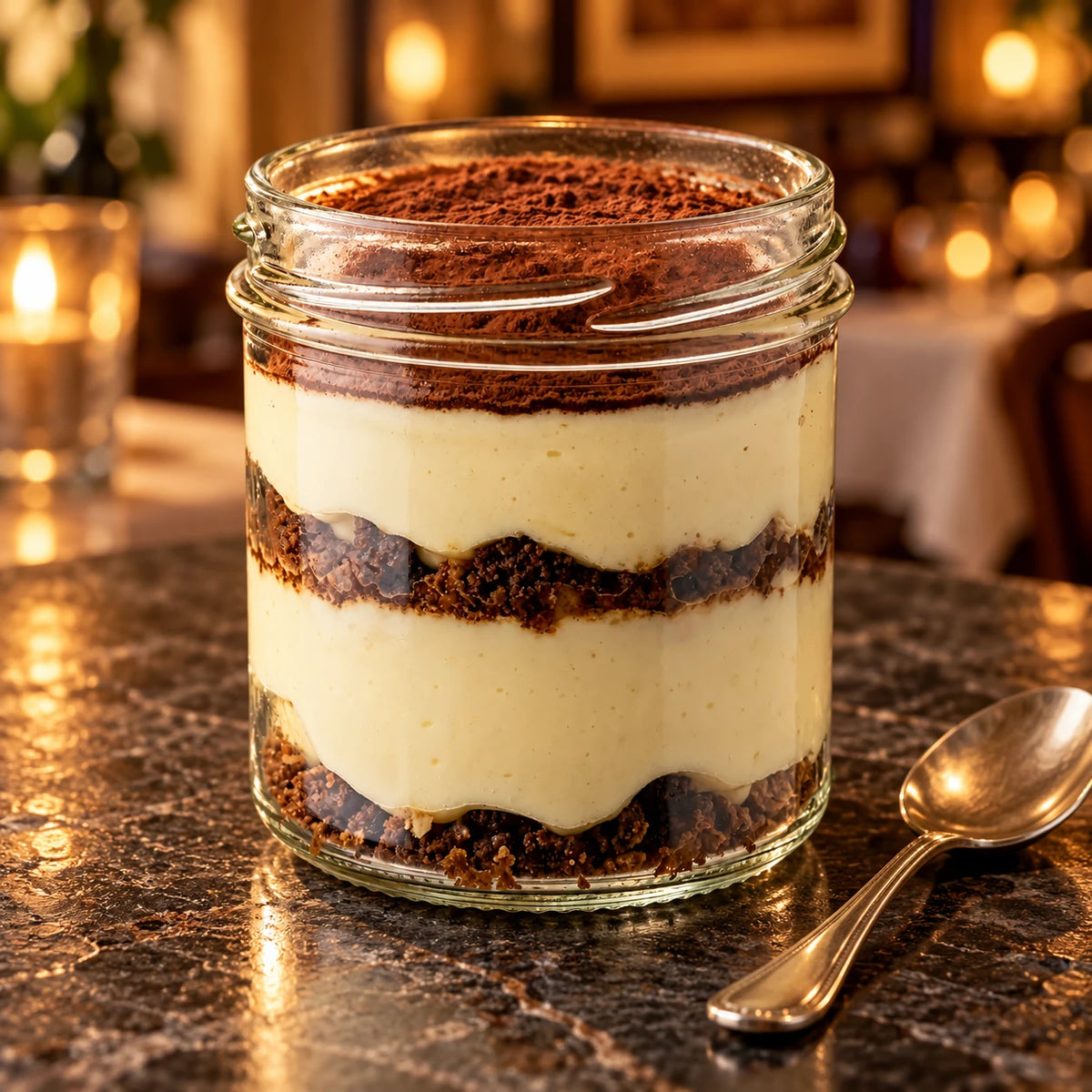 Postre tiramisú en vasito con cucharilla sobre una mesa de piedra en un restaurante de luz cálida