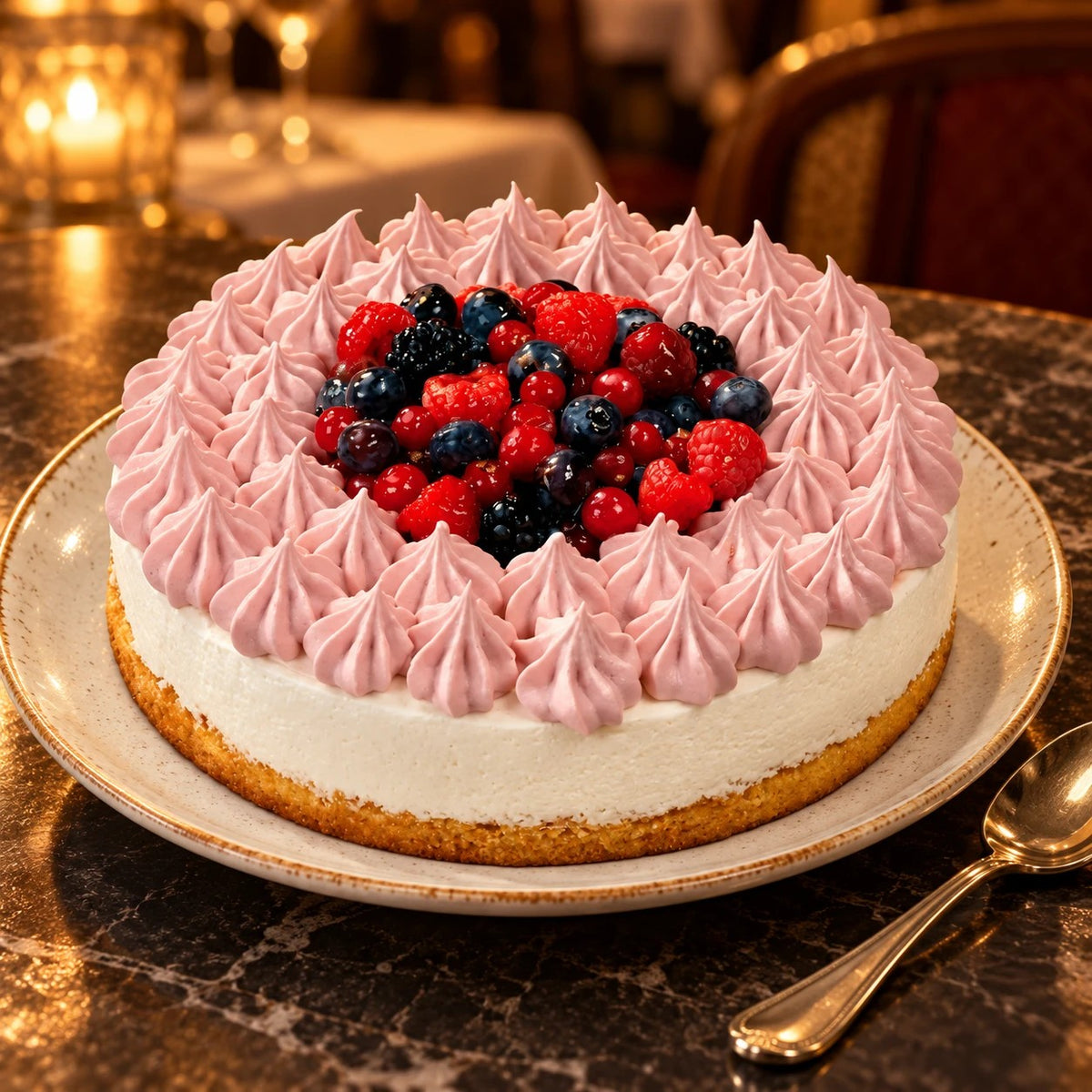 Tarta helada de frutos del bosque en plato claro en un restaurante de luz cálida