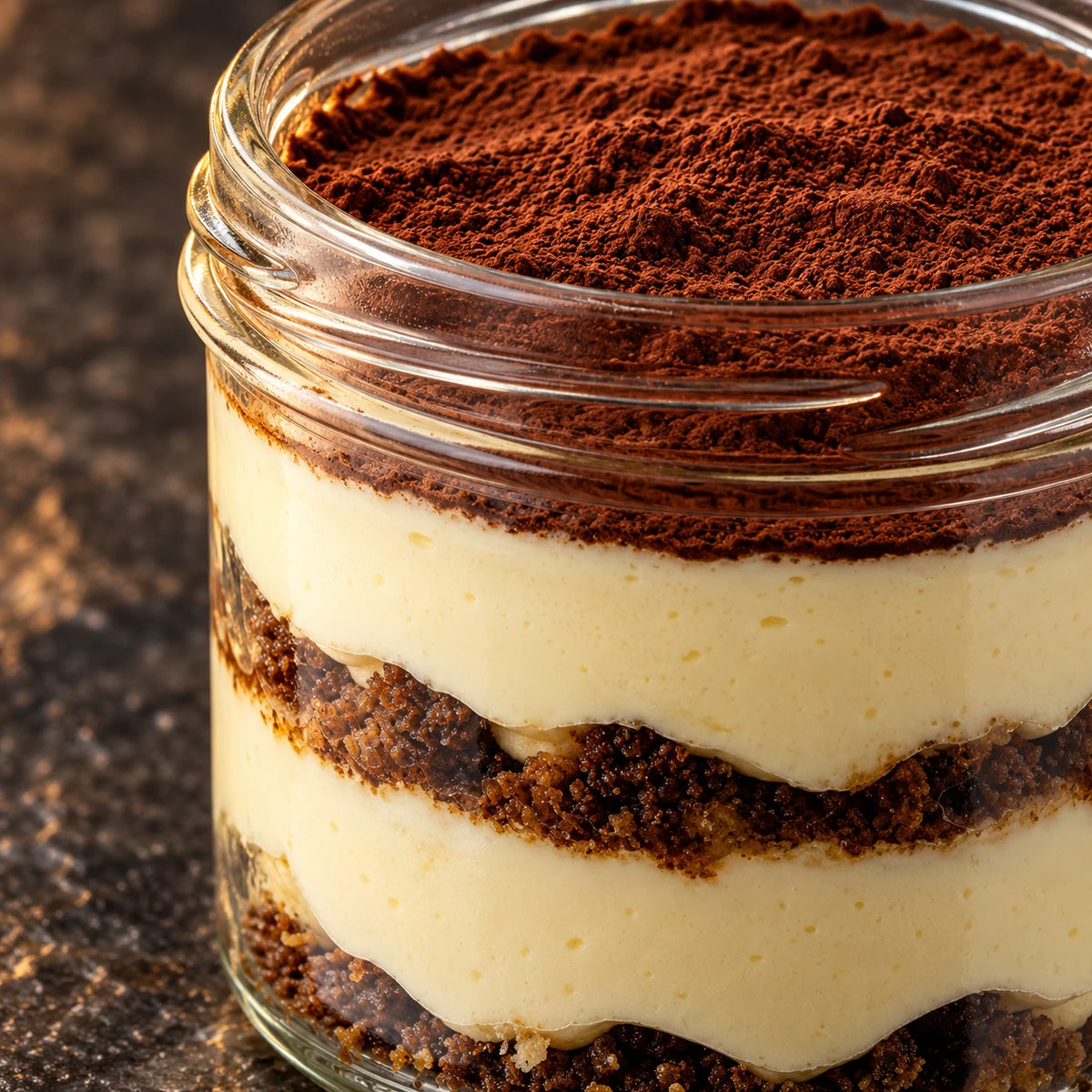 Primer plano de las capas de crema de mascarpone, migas de galleta al café y cacao en el vasito