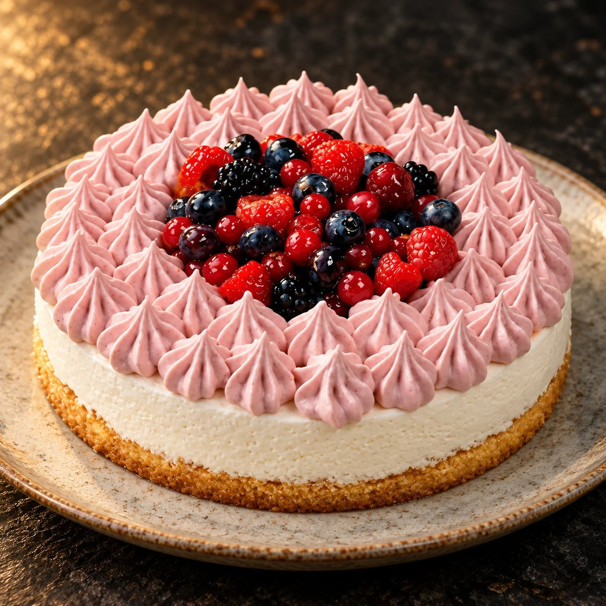 Primer plano de la tarta helada de frutos del bosque con frambuesas, arándanos y moras sobre rosetas rosas