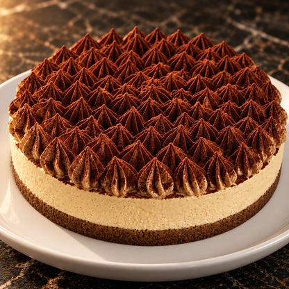Primer plano de la tarta helada de tiramisú con rosetas espolvoreadas de cacao y cremoso helado de tiramisú