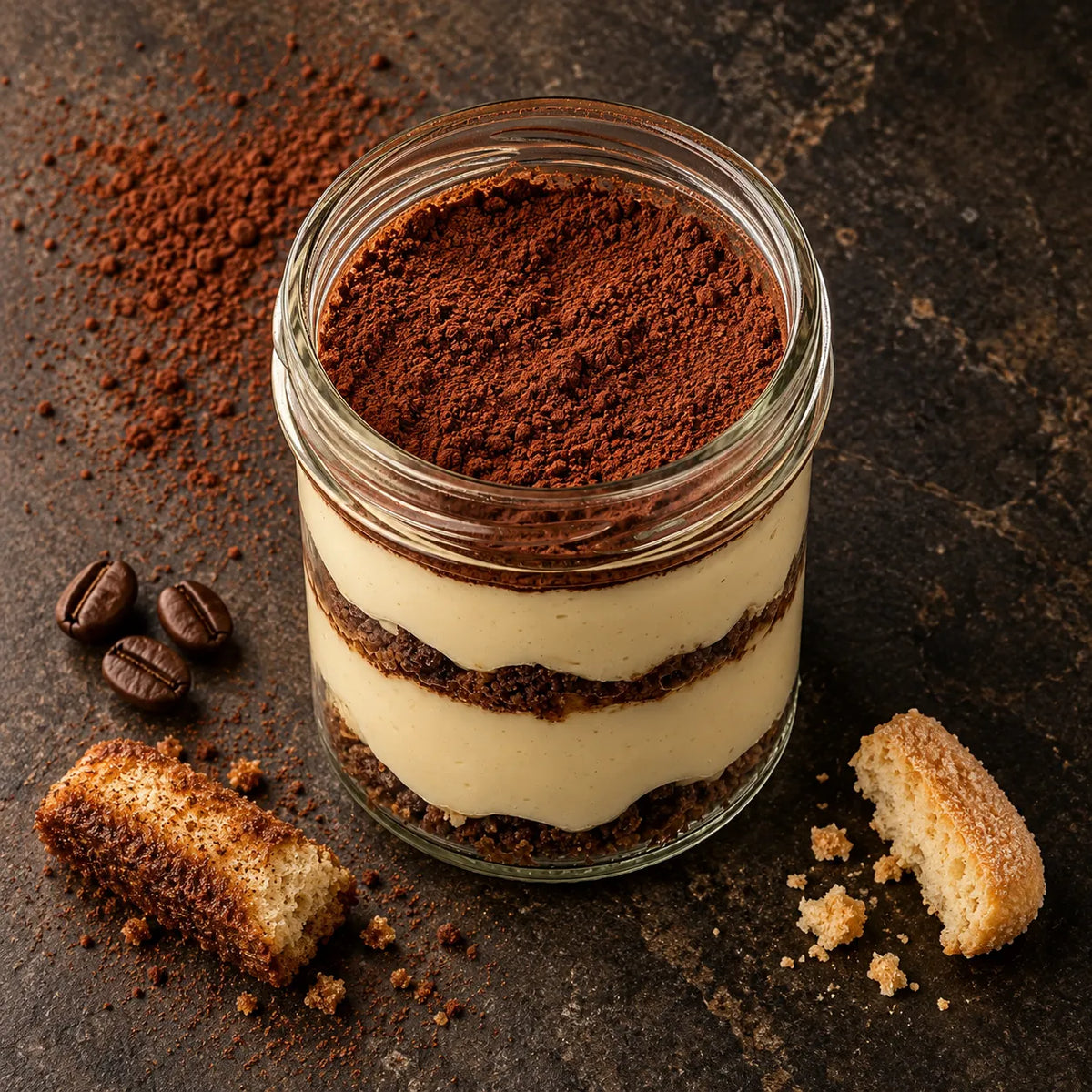 Postre tiramisú sobre piedra oscura con granos de café, cacao en polvo y bizcocho