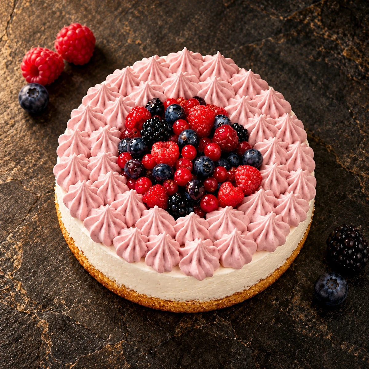 Tarta helada de frutos del bosque desde arriba sobre piedra oscura con frambuesas y arándanos frescos