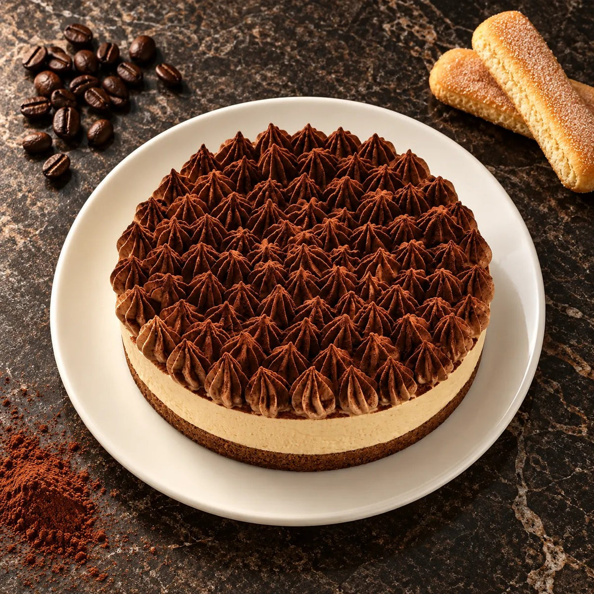 Tarta helada de tiramisú sobre piedra oscura con granos de café, bizcochos de soletilla y cacao