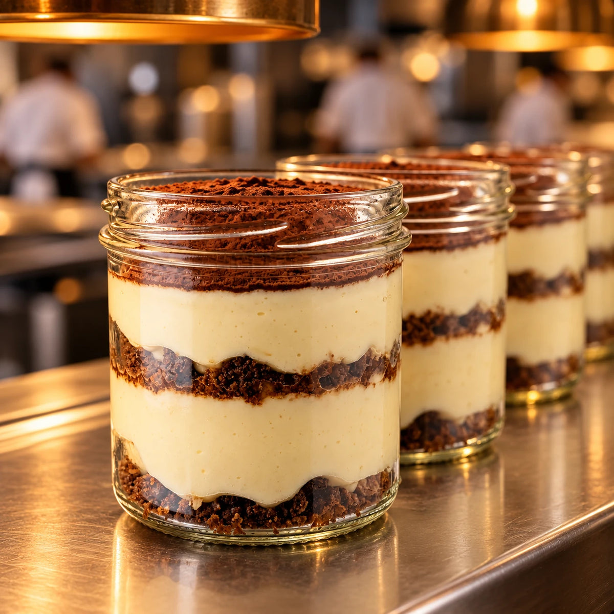 Varios vasitos de tiramisú en fila en el pase de una cocina profesional