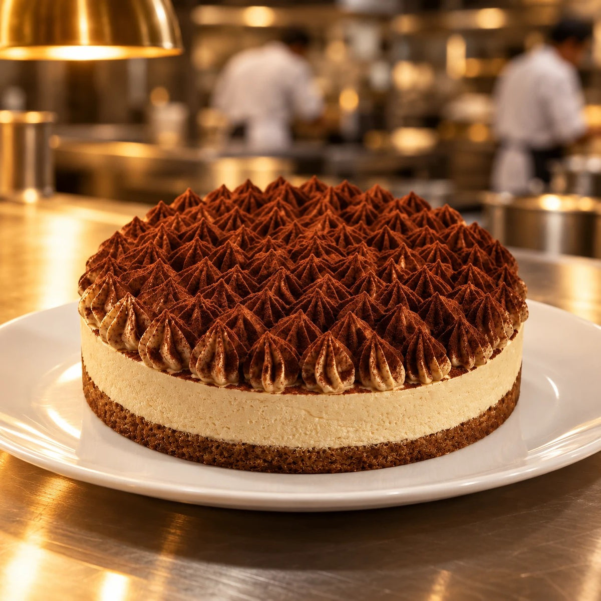 Tarta helada de tiramisú en plato blanco en una cocina profesional