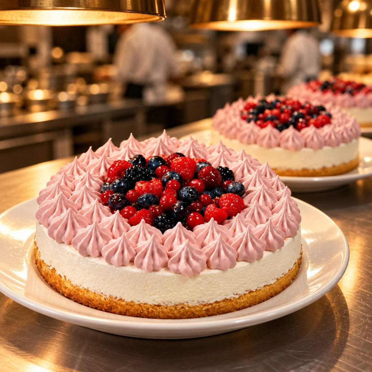 Tarta helada de frutos del bosque en plato blanco en una cocina profesional