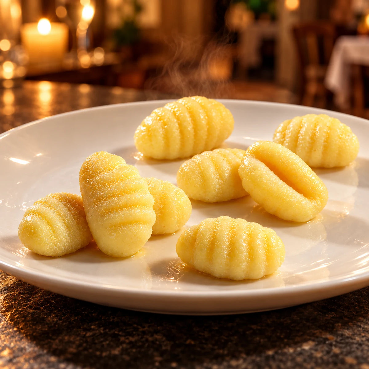 Potato gnocchi on a white plate in a warmly lit restaurant