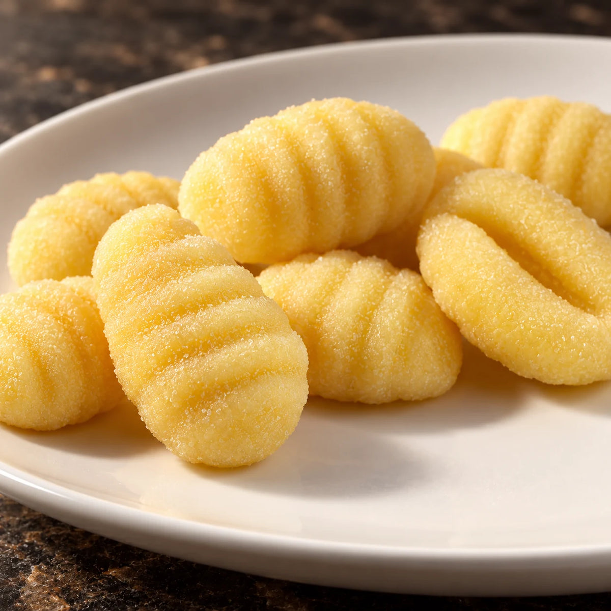 Close-up of golden potato gnocchi with fine ridges on a white plate