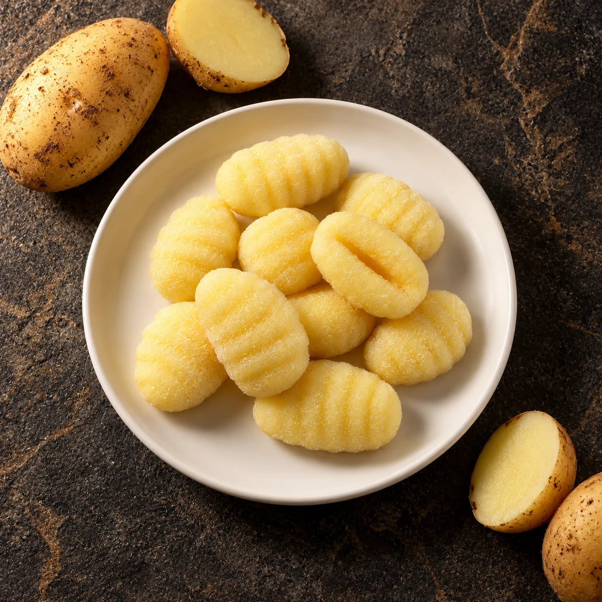 Plate of potato gnocchi from above on dark stone, fresh potatoes beside it