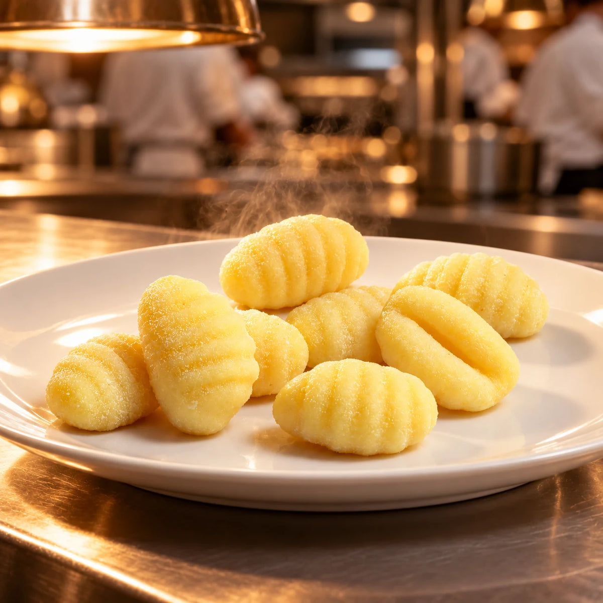 Potato gnocchi on a white plate at the pass of a professional kitchen