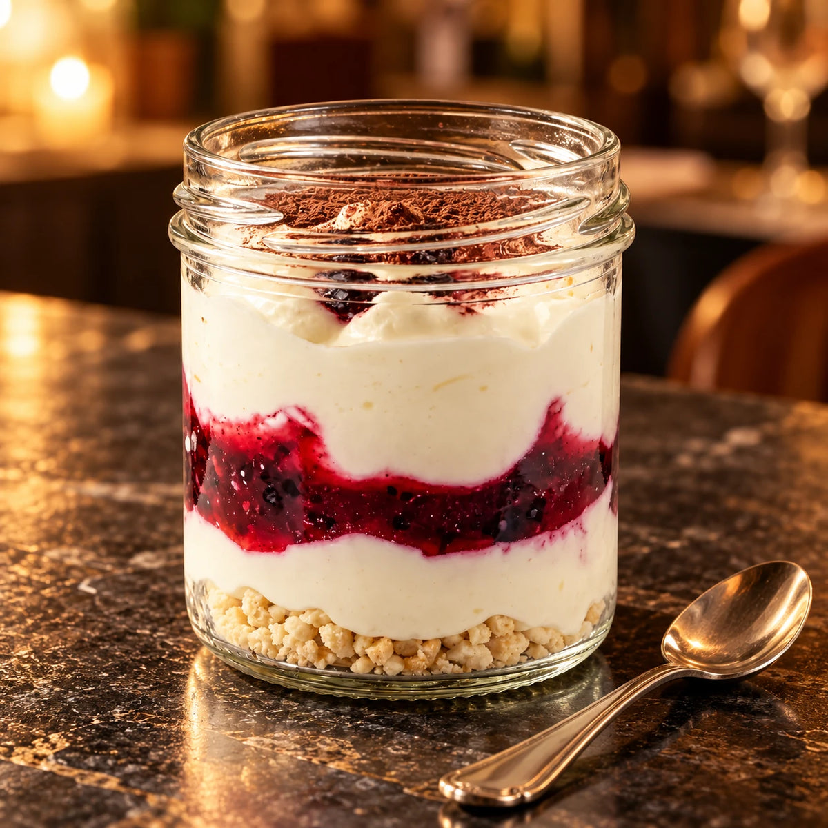 Postre de yogur con frutos rojos en vasito con cucharilla sobre una mesa de piedra en un restaurante de luz cálida