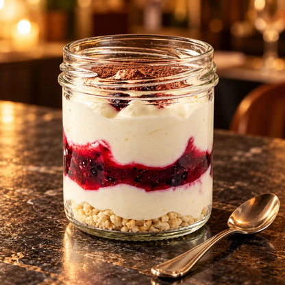 Postre de yogur con frutos rojos en vasito con cucharilla sobre una mesa de piedra en un restaurante de luz cálida