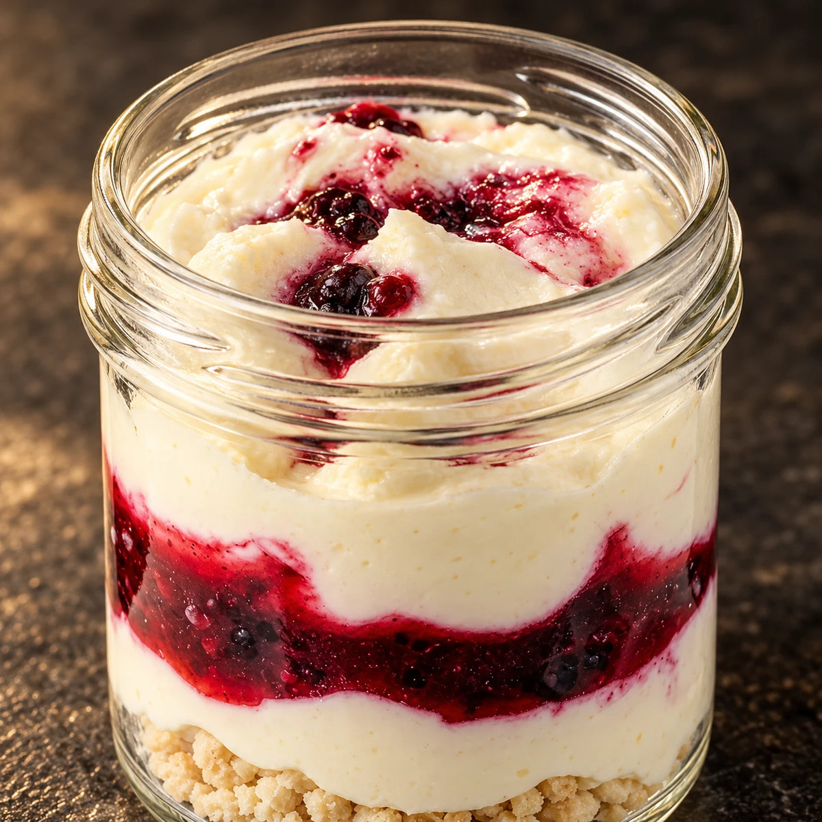 Primer plano de las capas de crema de yogur, salsa de frutos rojos y frutos semiconfitados en el vasito