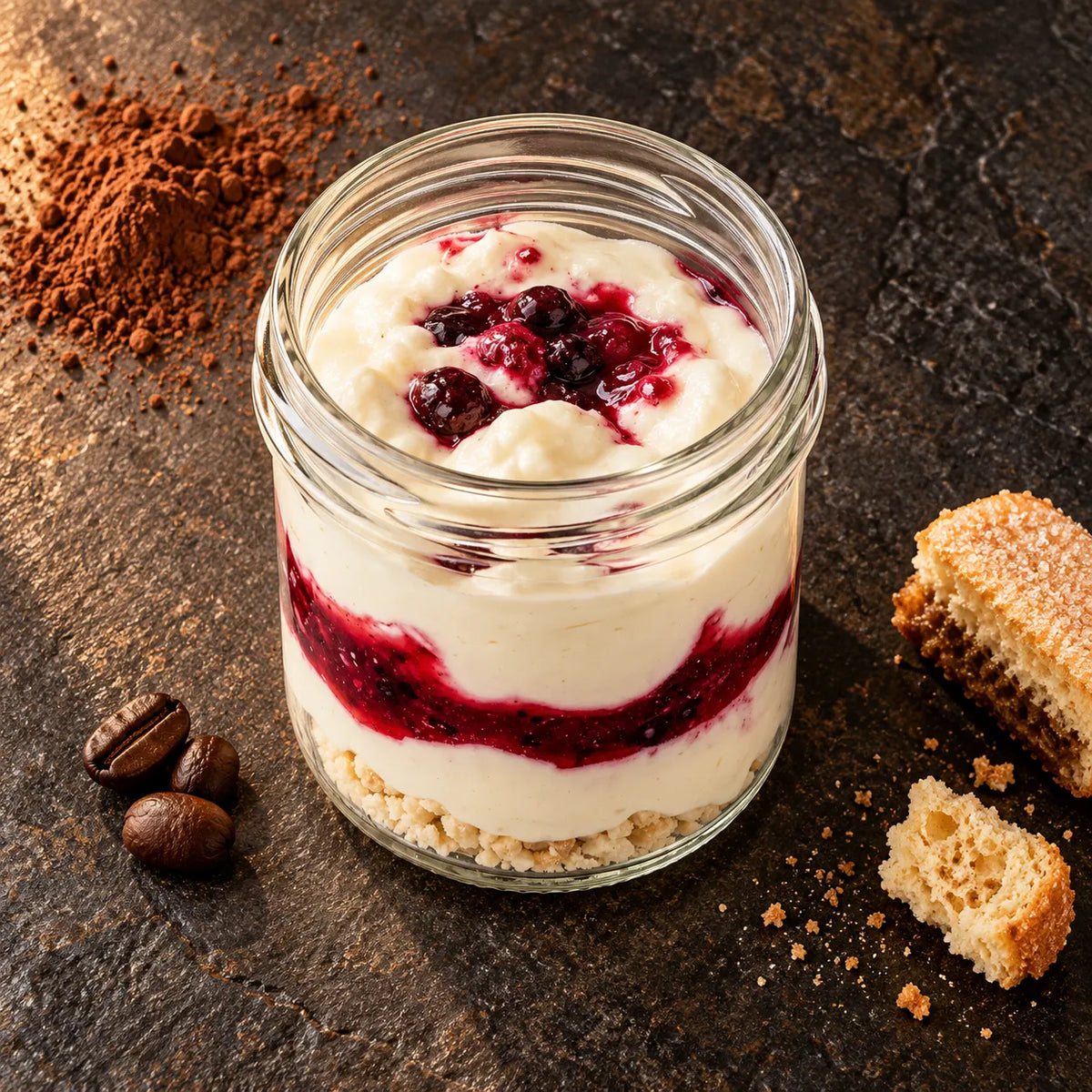 Postre de yogur con frutos rojos sobre piedra oscura con galleta y polvo de frutos rojos