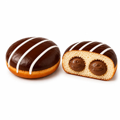 Krapfen Kakaocreme mit dunkler Glasur und weißen Streifen auf weißem Hintergrund, ganz und aufgeschnitten mit Kakaocreme-Füllung