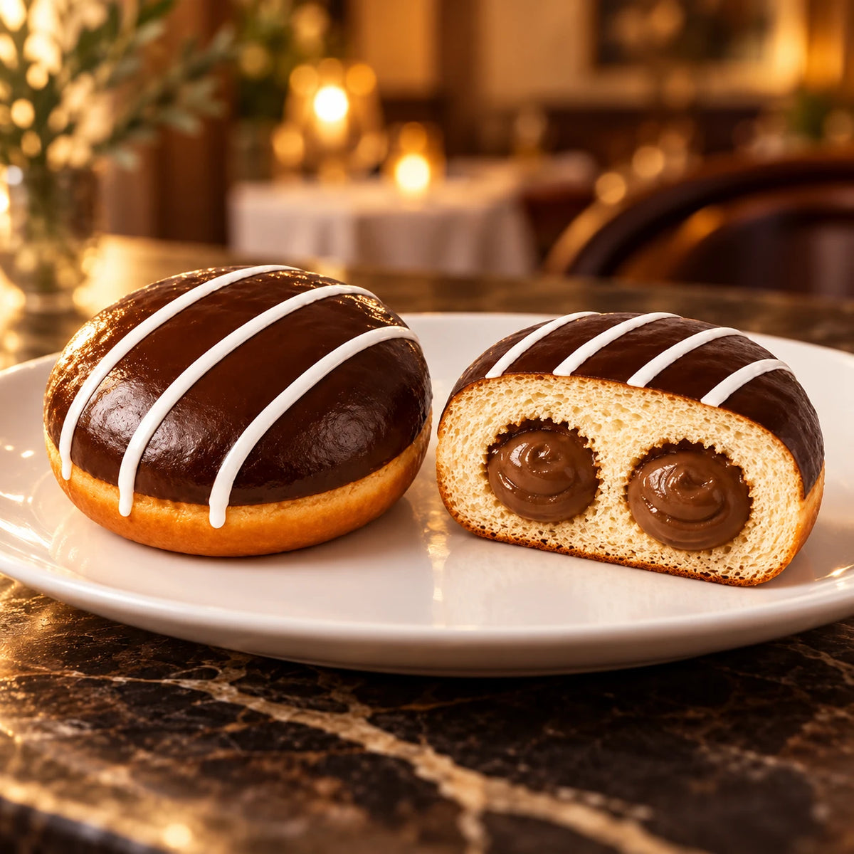Krapfen Kakaocreme auf weißem Teller in einem warm beleuchteten Restaurant