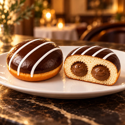Krapfen Kakaocreme auf weißem Teller in einem warm beleuchteten Restaurant
