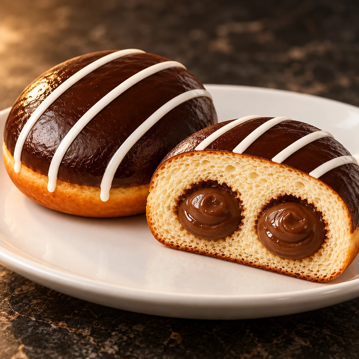Nahaufnahme des aufgeschnittenen Krapfen Kakaocreme mit samtiger Kakaocreme-Füllung