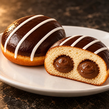Nahaufnahme des aufgeschnittenen Krapfen Kakaocreme mit samtiger Kakaocreme-Füllung