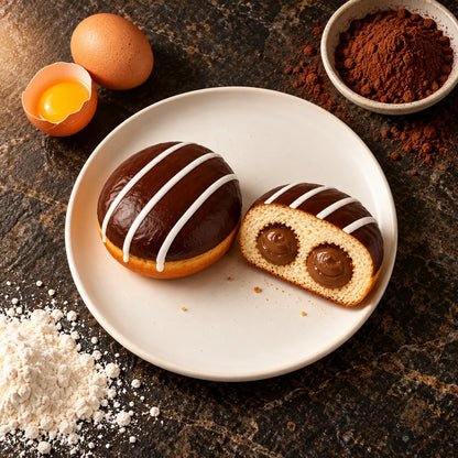 Krapfen Kakaocreme von oben auf weißem Teller, daneben Eier, Kakaopulver und Mehl