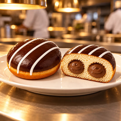 Krapfen Kakaocreme auf weißem Teller am Pass einer Profiküche