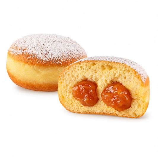 Krapfen de Albaricoque sobre fondo blanco, entero y cortado con relleno de albaricoque