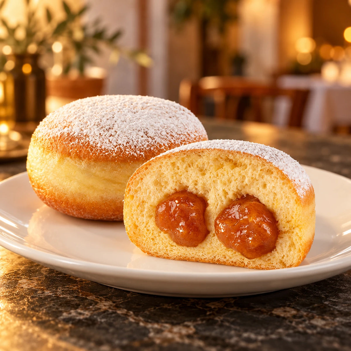 Krapfen all'Albicocca su piatto bianco in un ristorante dalla luce calda