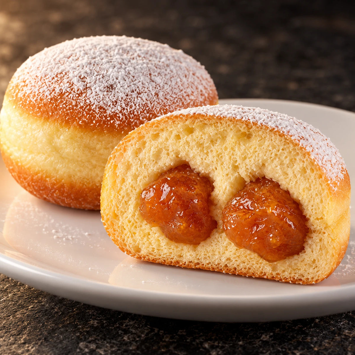 Primo piano del Krapfen all'Albicocca tagliato con farcitura fruttata e zucchero a velo