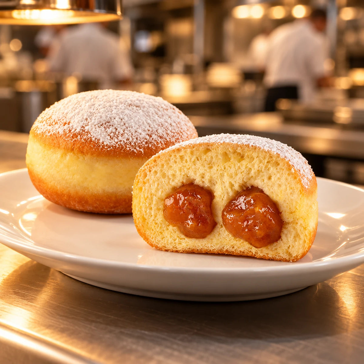 Krapfen all'Albicocca su piatto bianco al pass di una cucina professionale