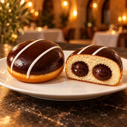 Krapfen Schokolade auf weißem Teller in einem warm beleuchteten Restaurant