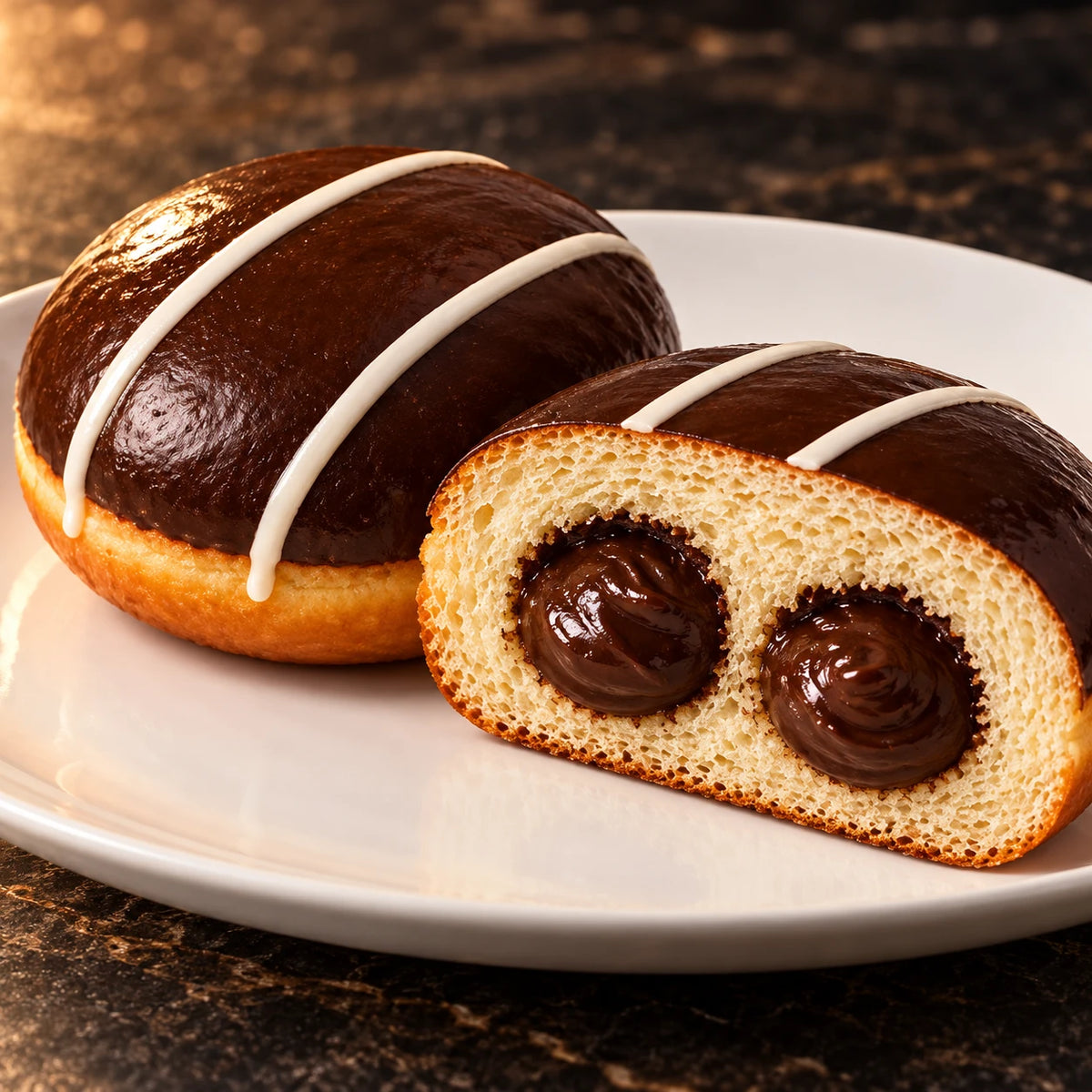 Nahaufnahme des aufgeschnittenen Krapfen Schokolade mit cremiger Haselnuss-Kakao-Füllung