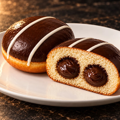 Nahaufnahme des aufgeschnittenen Krapfen Schokolade mit cremiger Haselnuss-Kakao-Füllung